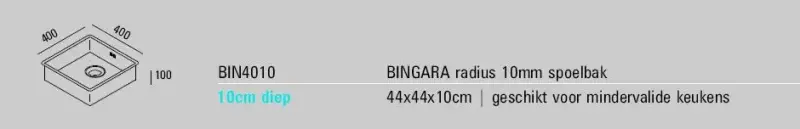 ABK Bingara lav, handicappet venlig rustfri stålvask 10 cm dyb 40x40 cm til planlimning, underbygning og overbygning BIN4010FVI