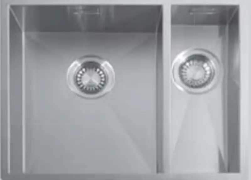 ABK Baronga halvanden 1,5 rustfrit stål vask 34x40+15x40 cm planlimning undermontering og overmontering BAR3415FVI