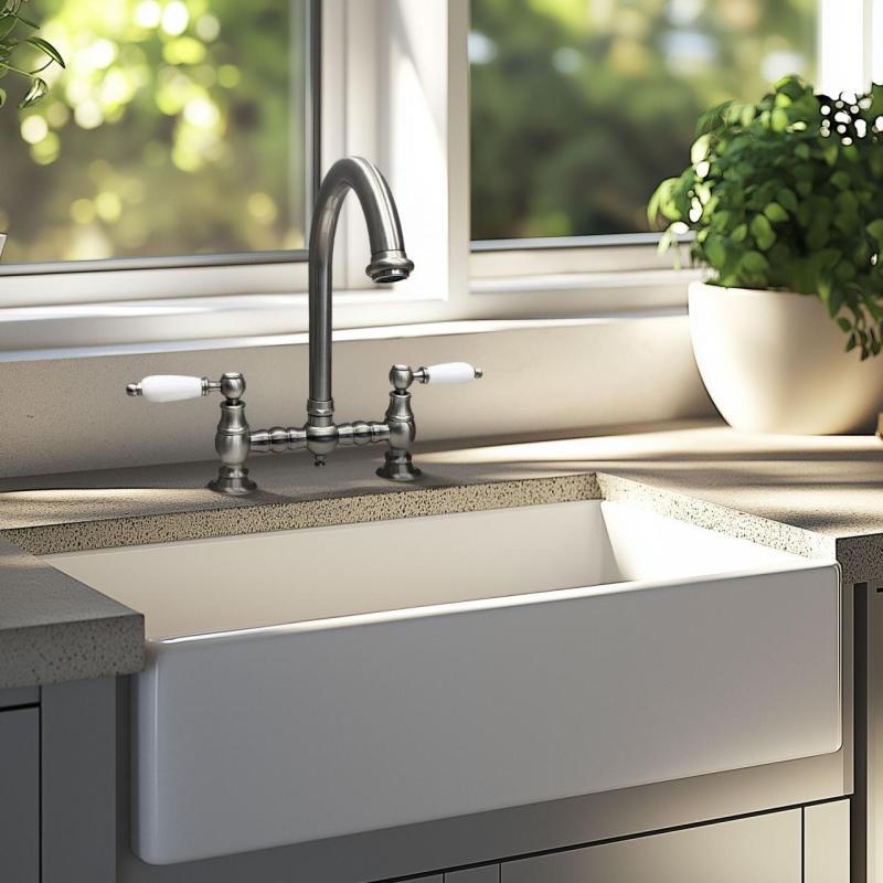 PB Nostalgisk Brokøkkenhane i rustfrit stål med rund tud og hvide håndtag PBN.RVS.R.WH