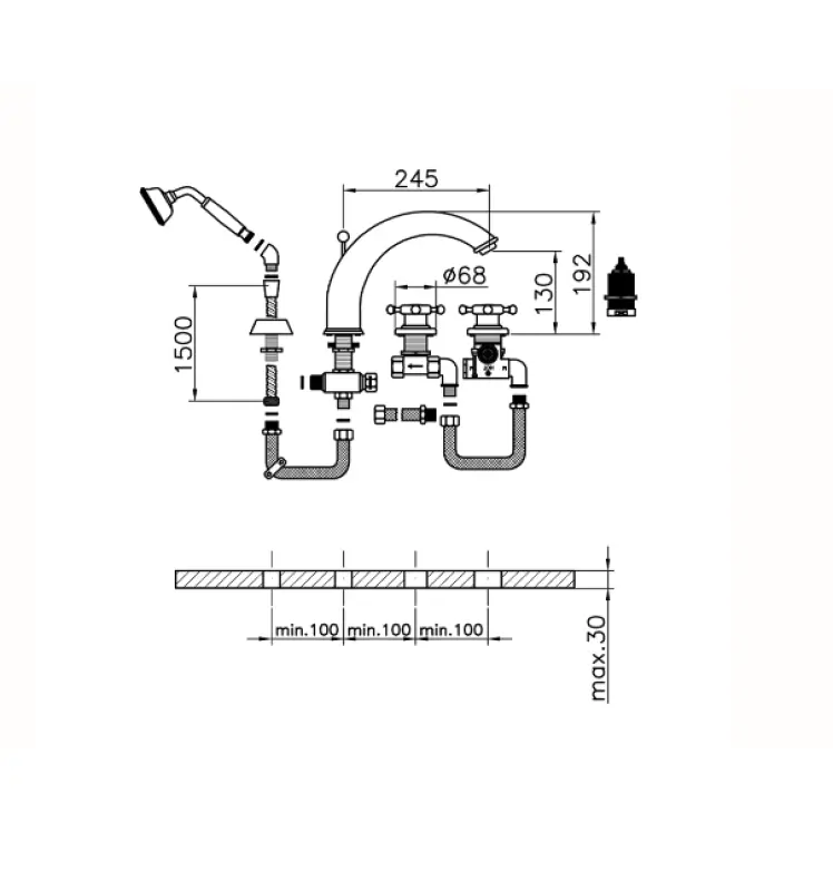Huber Victorian 4-huls Termostatisk Badekran med Brusesæt i Rustfrit Stål VTT760102A