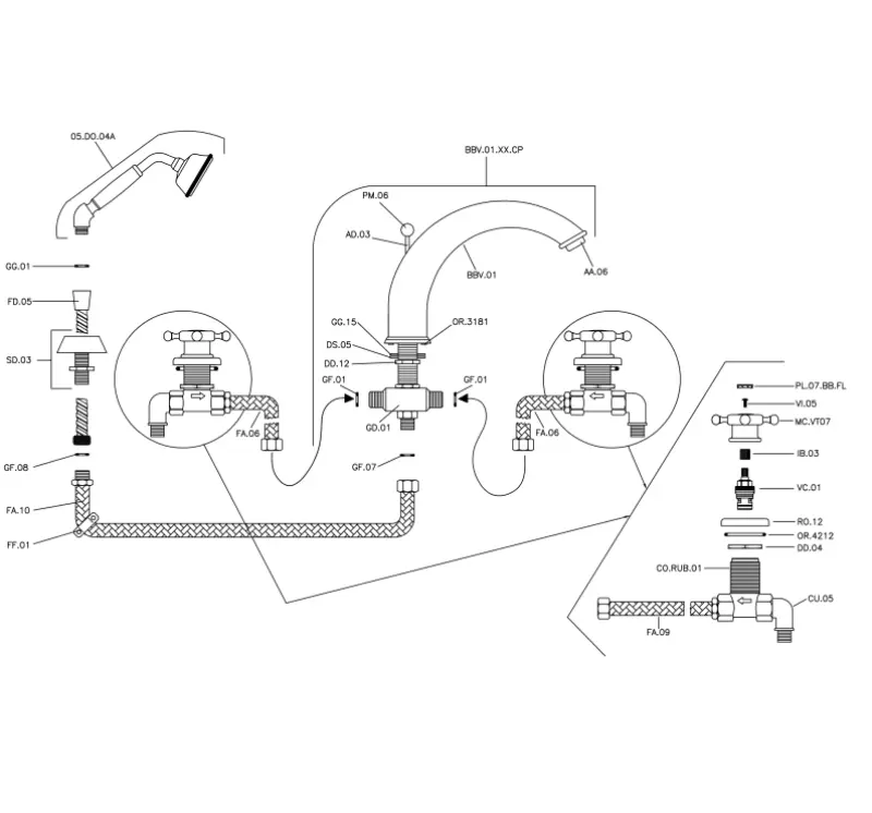 Huber Victorian 4-huls badarmatur med brusesæt i rustfrit stål VT0002602A