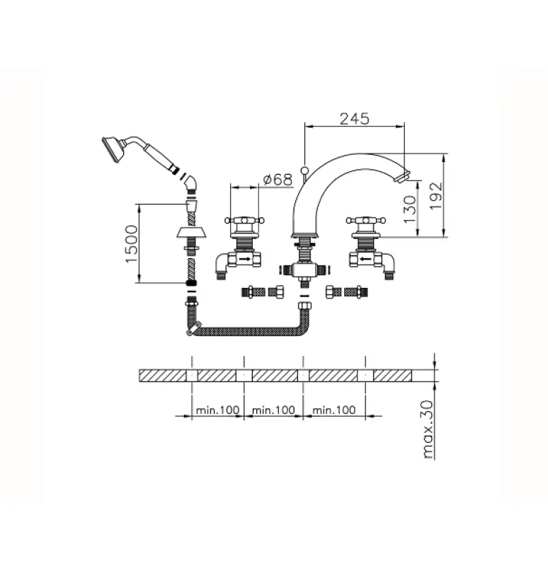 Huber Victorian 4-huls Badekararmatur med Brusesæt Guld VT0002602G