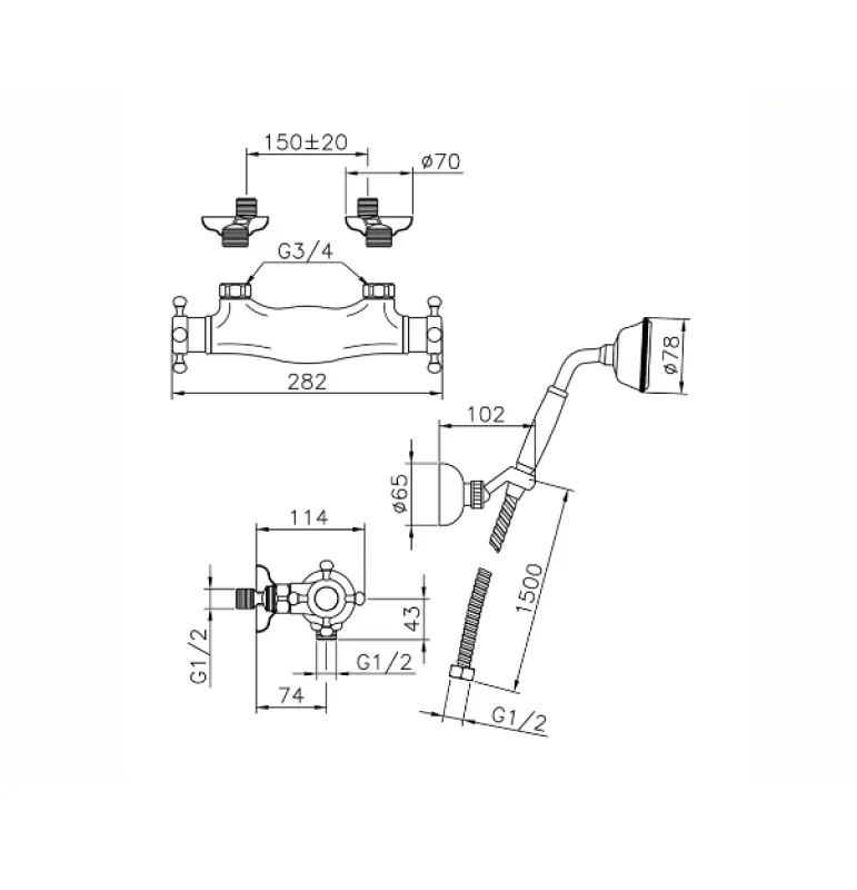 Huber Victorian Termostatisk Bruserarmatur med håndbruser RVS VTD010102A