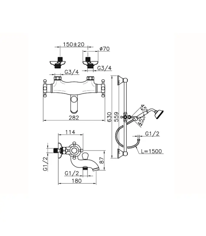 Huber Victorian Thermostatic Bath Mixer with Shower Set Stainless Steel VTS270102A