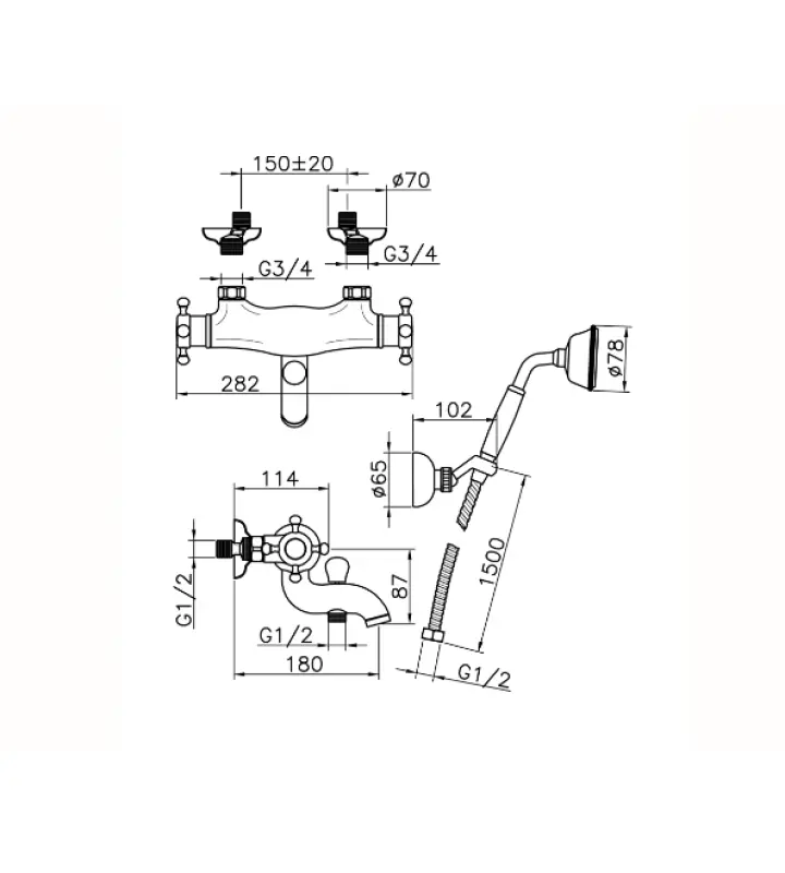 Huber Victorian Thermostatic Bath Mixer with Shower Set Chrome VTD2701021
