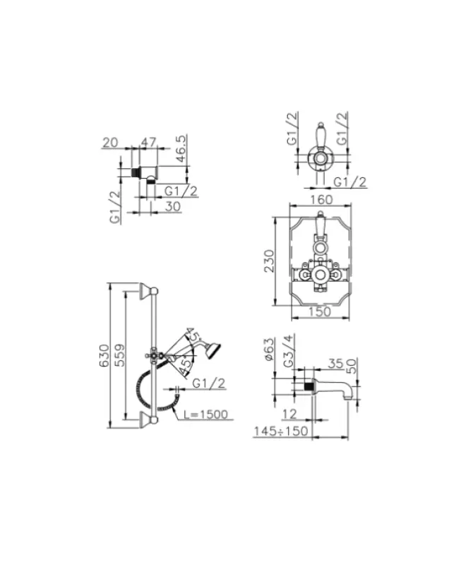 Huber Victorian Termostatisk Indbygget Bad-Brusesæt Rustfrit Stål 914.VT01H.AC