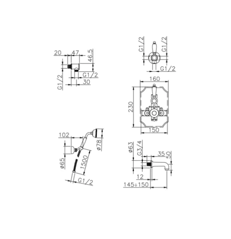 Huber Victorian Termostatisk Indbygget Bad-Brusesæt Guld 915.VT01H.AG