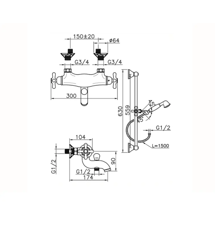 Huber Croisette Thermostatic bath-shower mixer with sliding bar Bronze CSS2701027