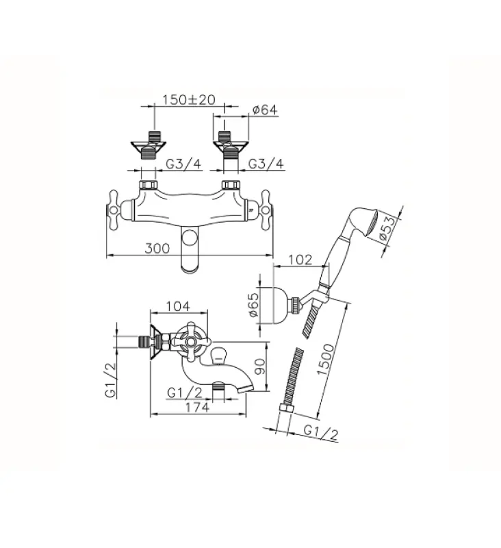 Huber Croisette Thermostatic bath mixer with shower set Gold CSD270102G