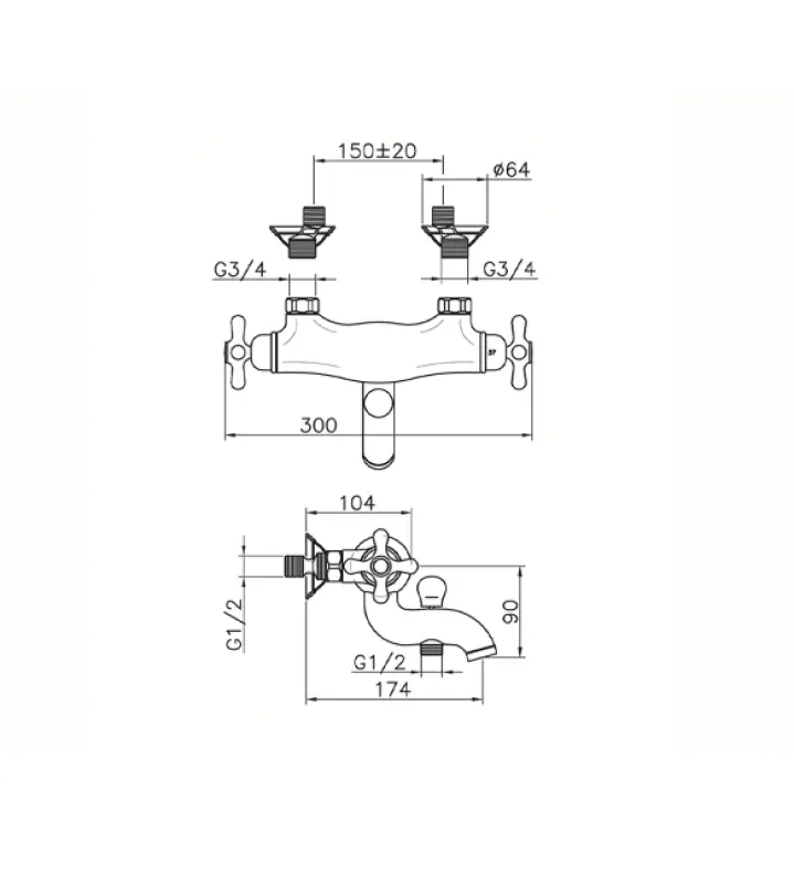 Huber Croisette Thermostatic bath mixer Gold CST270102G