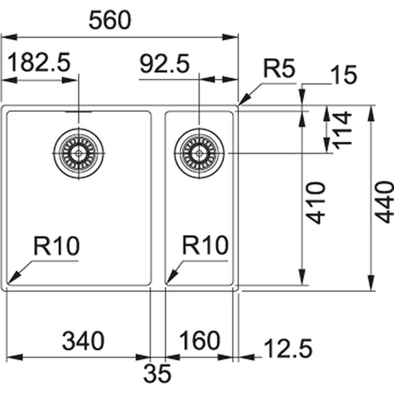 Franke Sirius 2 S2D 160 en og en halv 1,5 plast hvid vask 53,5x41cm undermonteret 125.0252.219
