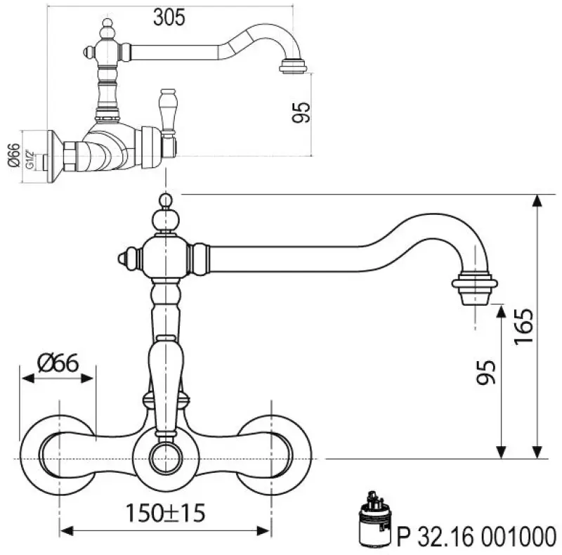 Nostalgisk køkkenarmatur Hermitage R vægarmatur Krom 10.9021