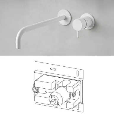 Waterevolution Flow indbygget håndvaskarmatur, mat hvid med udløb 25 cm T116BBR-25