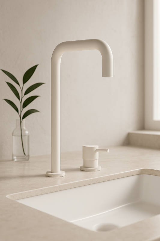 Waterevolution Flow 2-huls håndvaskarmatur høj tud 222 mat hvid T122HBR