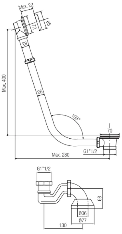 PB afløb med kæde til fritstående badekar rustfrit stål 1208676992