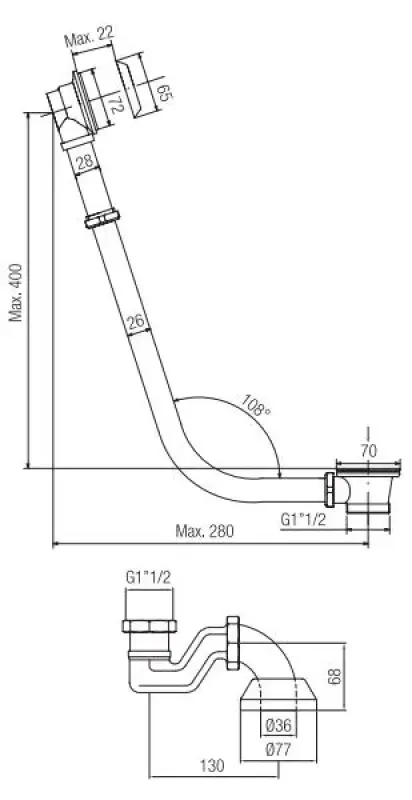 PB badafløb med kæde til fritstående badekar krom 1208677012