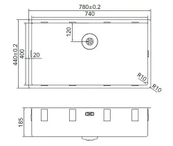 Caressi R10 rustfri stålvask 74x40 cm til underbygning, planmontering og påbygning CAPP74R10
