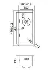 Caressi R10 rustfrit stål vask 16x40cm underbygning, planmontering og overbygning CAPP16R10