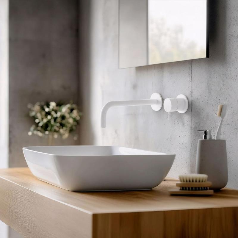 Waterevolution Flow indbygget håndvaskarmatur, mat hvid med udløb 21 cm T116BBR-21