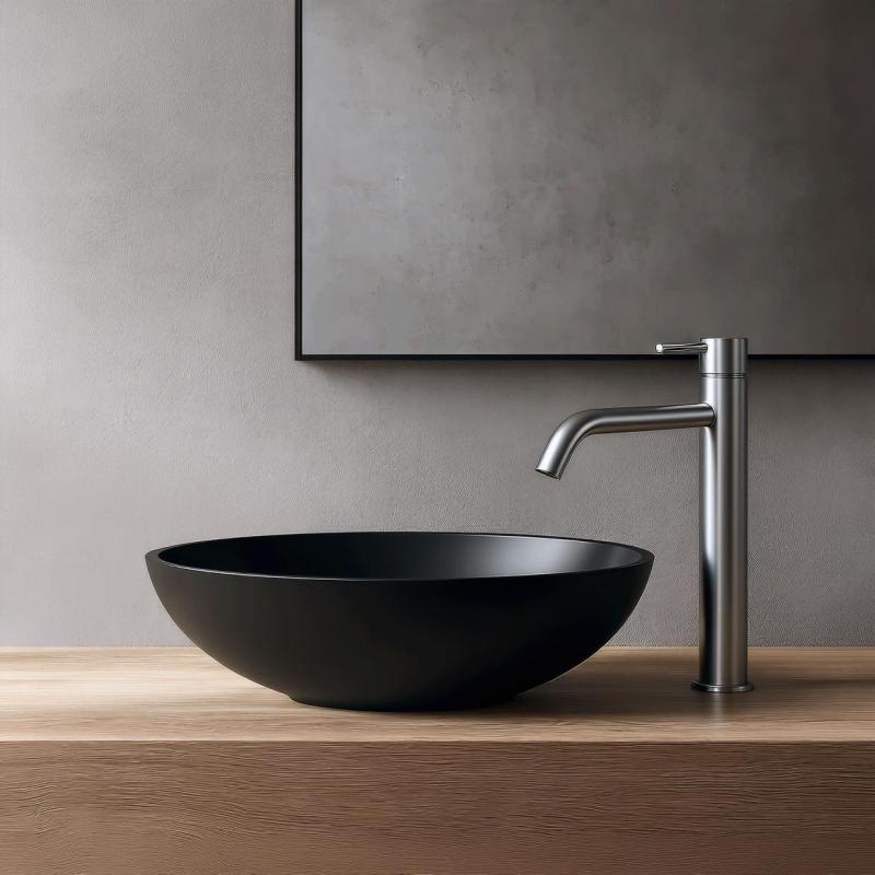 Waterevolution Flow håndvaskarmatur med høj tud til vaskeskåle inkl. klikprop, fuldt rustfrit stål T115IE