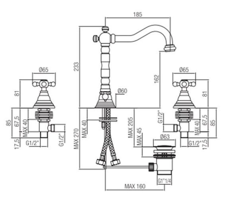 PB klassisk 3-huls håndvaskarmatur stjernehåndtag tud 18,5 cm Krom 1208854922