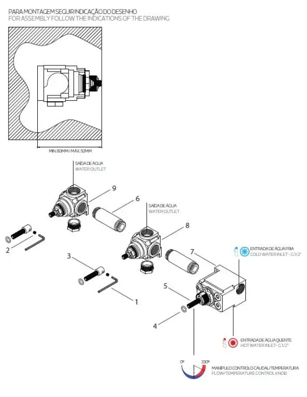 Waterevolution Flow indbygget brusetermostat med 3 stophaner fuldt rustfrit stål 1208916492