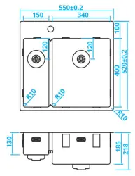 Caressi halvanden vask i rustfrit stål med hanehul CAPP1534KR10 B55xL52 overmontering undermontering planmontering 1208921192