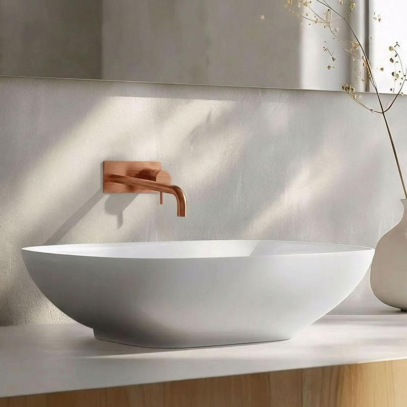 Waterevolution Flow indbygget håndvaskarmatur med afdækplade PVD Børstet Kobber med tud 15 cm T1161CPE-15