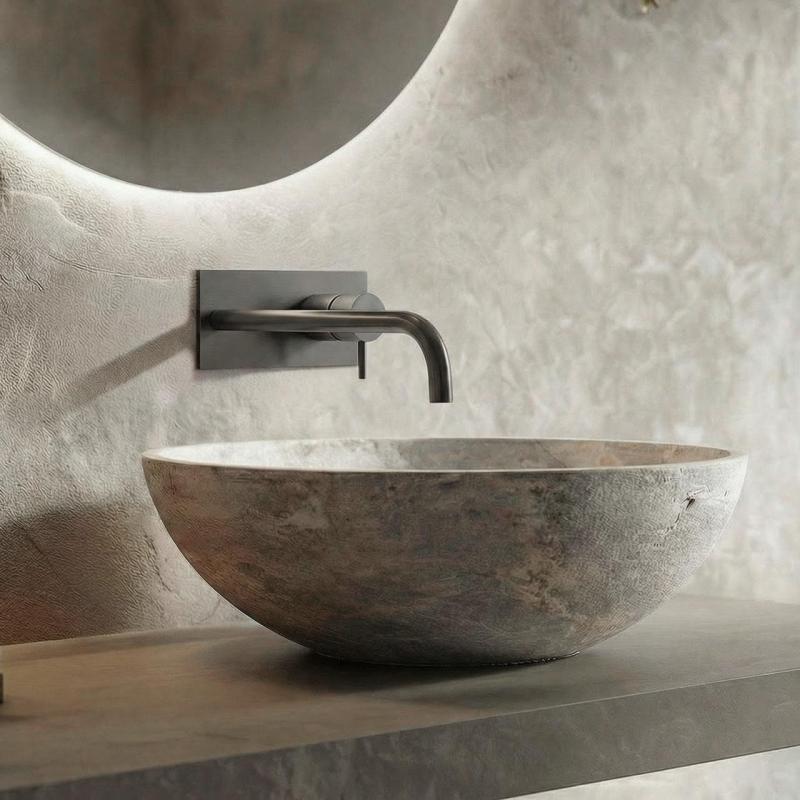 Waterevolution Flow indbygget håndvaskarmatur med dækplade PVD Gun Metal med udløb 21 cm T1161GME-21