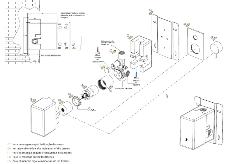 Waterevolution Flow indbygget brusetermostat med 2 udgange mat hvid T132TBBBR med TEC boks
