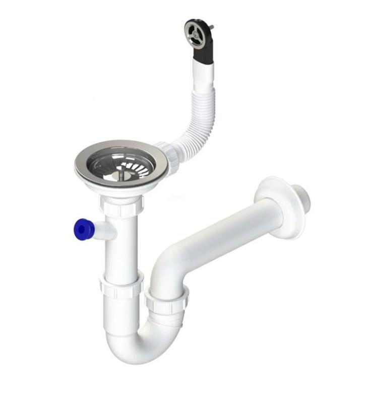 GraniteMy afløbssæt i rustfrit stål med rund overløb inkl. vandlås til enkelt vaske 1208952965