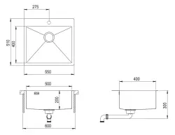 Ausmann Weser RVS vask PVD Guld 55x51 med hanehul undermontage planmontage og overmontage 080884