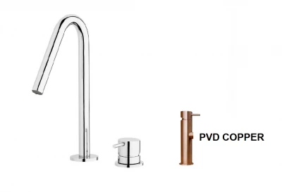 Waterevolution Flow 2-huls håndvaskarmatur v udløb lille 120 mm PVD børstet kobber T112VCPE