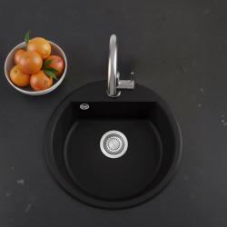 GraniteMy Bremen rund granit vask 43 cm sort indbygning og underbygning med hanehul bank med rustfri stål prop 1208953206