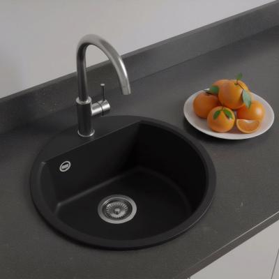 GraniteMy Bremen rund granit vask 43 cm sort indbygning og underbygning med hanehul bank med rustfri stål prop 1208953206