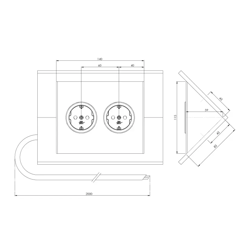 Stikkontakt med 2 jordede stik, sort 1208953212
