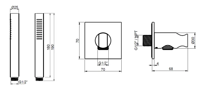 SB 316 Firkantet håndbrusersæt med slange og ophængskrog i rustfrit stål