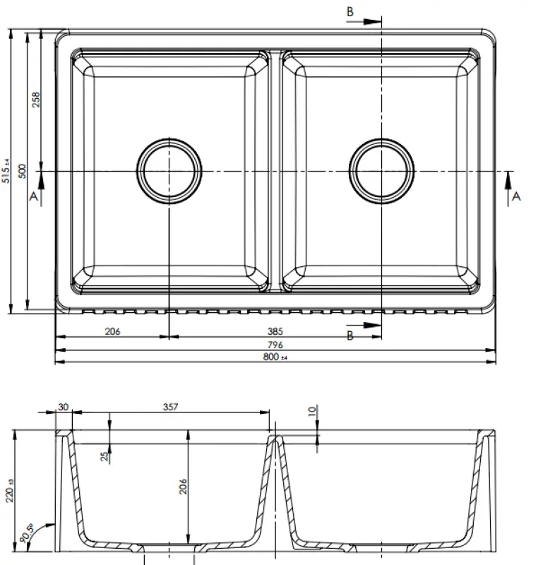 GraniteMy Tradition landlig dobbeltvask 2-sidet granitvask 80x50cm sort påbygning undermontering og planmontering 1208953697