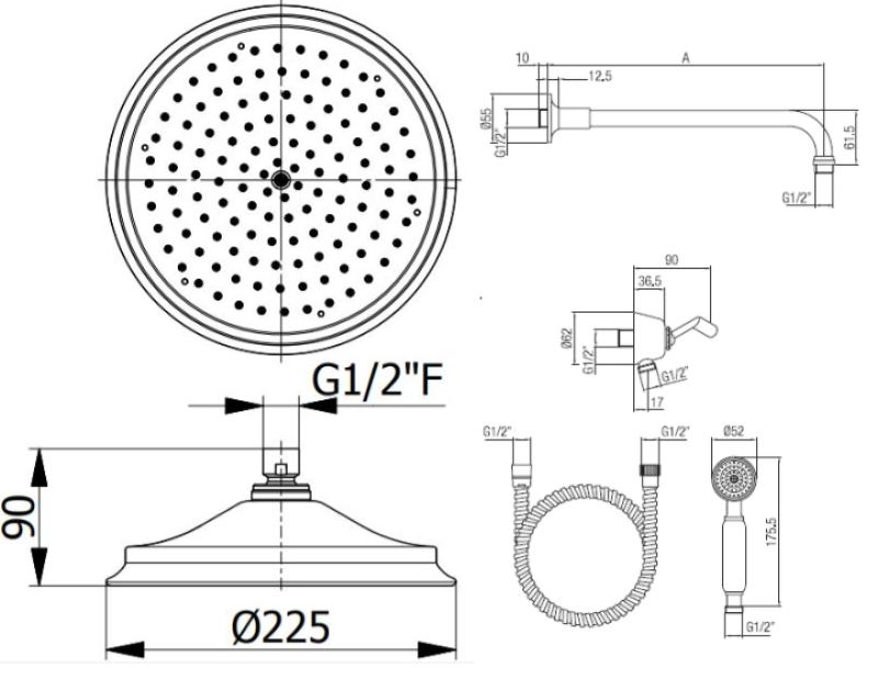 PB klassisk nostalgisk klassisk indbygget brusesæt krom med håndbruser og regnbruser 225mm 1208953841