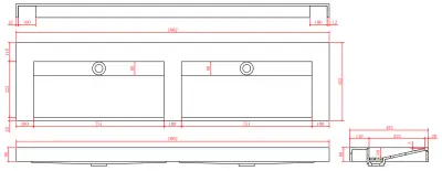 Solid-S Marble dobbelt håndvask i solid surface sort marmor mat uden hanehul med solid cover B180xD45xH8 1208953889