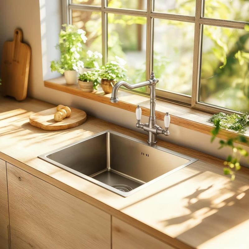 PB Nostalgisk klassisk landlig køkkenhane i rustfrit stål med hvide håndtag 1208953915