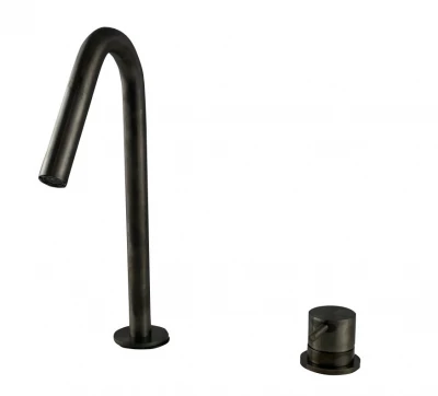 Waterevolution Flow 2-huls håndvaskarmatur PVD Gun Metal med lille V 120 mm udløb T1121VGME