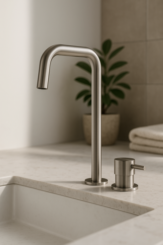 Waterevolution Flow 2-huls håndvaskarmatur høj tud 222 rustfrit stål T122HIE