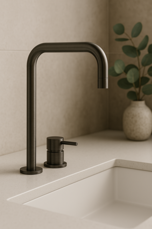 Waterevolution Flow 2-huls håndvaskarmatur høj tud 222 PVD Gun Metal T122HGME