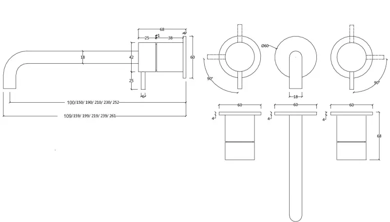 Waterevolution Flow 3-hole Built-in Washbasin Faucet PVD Copper with spout 15 cm T1163FCPE-15