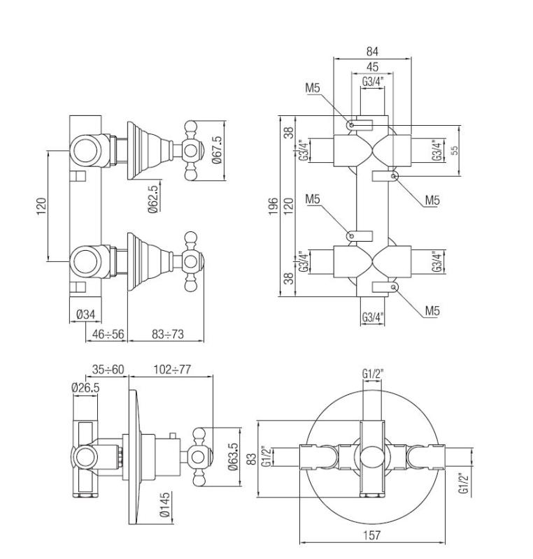 PB Classic nostalgisk indbygget brusertermostat med 2 stophaner Kobber