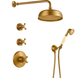 PB nostalgisk indbygningsbrusersæt med termostatventil og 2 stopventiler - håndbruser - regnbruser 200mm - Bronze