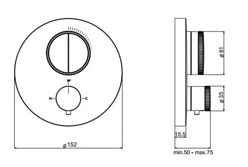 SB Push Round Indbygget termostatarmatur med trykknap omskifter og volumenregulator i rustfrit stål 1208955060