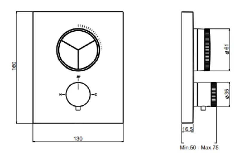 SB Push Square indbygget termostatventil med trykknap, 3-vejs omskifter og volumenregulering, mat hvid 1208955135
