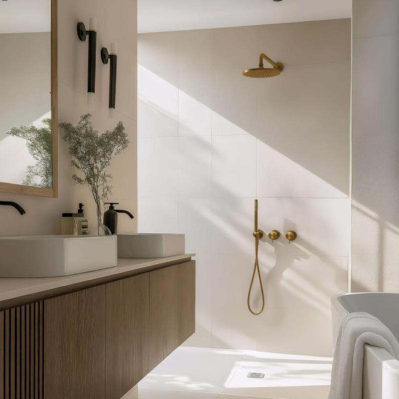 Waterevolution Flow indbygget brusersæt med termostat regnbruser og håndbruser børstet messing